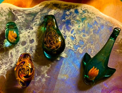 **Featuring***  Glass Pendants- hand blown from "Good Glass" in Hawaii
